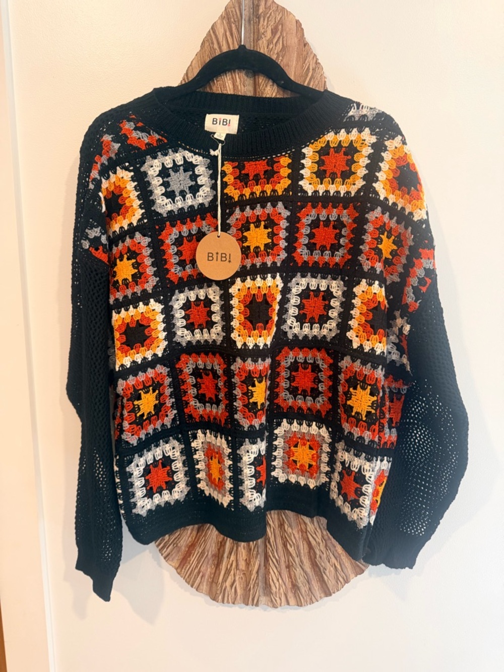 BiBi Black Crochet Granny Square Multicolor Sweater